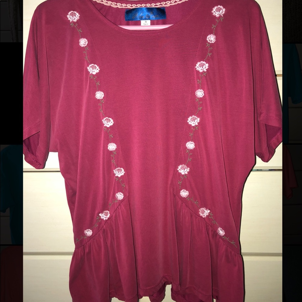 Pink floral shirt.